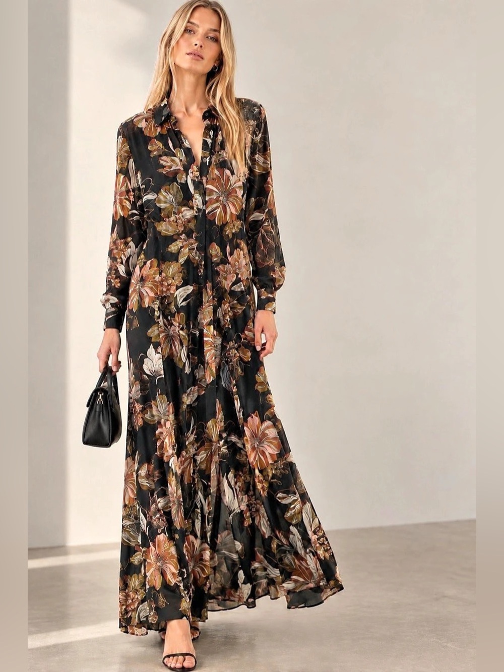 ZARA Woman Premium Black Floral Long Sleeve Maxi Shirt Dress Size S